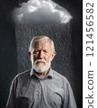 Pessimistic old man stands under rain with a storm cloud above head. Concept of losing memory, amnesia or Alzheimer's elderly disease. Cloudy and moody thoughts 121456582