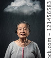 Scared elderly asian woman standing under rain, with a dark storm cloud above head. Concept of losing memory, Alzheimer's and dementia disease. Moody and pessimistic thoughts 121456583