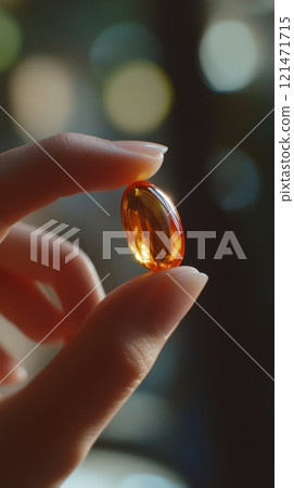 Close-up of a hand holding an amber capsule against a blurred background. Health and wellness concept 121471715