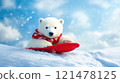 Cute Polar Bear with Mittens Enjoying Snowy Day 121478125