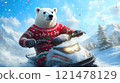 Winter Wonderland: Polar Bear with Snowmobile and Mountains 121478129