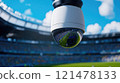 Wide-angle CCTV camera overseeing football stadium 121478133