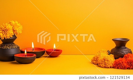 Warm Festival Decor with Diyas and Marigold Flowers 121529134