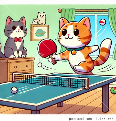 Cat playing table tennis 121530367