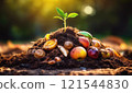 Composting pile of rotten fruits and vegetables turns into organic earth fertilizer with a small plant seedling growing on top. Compost rotting cycle as food scraps waste transform into fertile soil 121544830