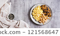 Fried eggs, chicken and mushrooms on a plate on the table top view web banner 121568647