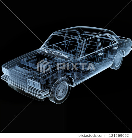 3D transparent view of retro car showcasing its internal components and design features 121569062