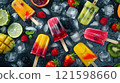 Ice cream popsicles on a stone background with ice cubes, fruits and berries. Flat lay. 121598660