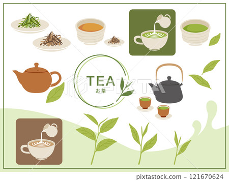 Green tea, matcha, and roasted green tea illustration set 121670624