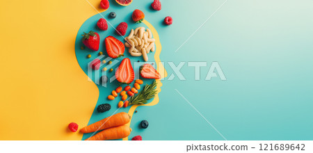 A colorful layout featuring various fruits and vegetables arranged to form a human profile silhouette against a split bright background. 121689642