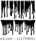 Set of black paint drips isolated from background. Melted ink. Monochrome silhouette collection pour liquid dye 121749601