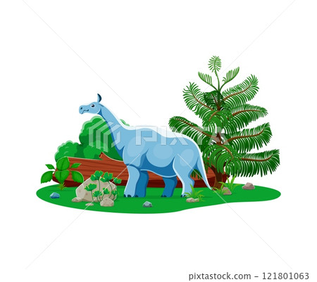 Indricotherium prehistoric dinosaur in natural landscape surrounded by lush green plants and trees. Cartoon vector four-legged Paraceratherium dino character lived in late Eocene to early Oligocene 121801063