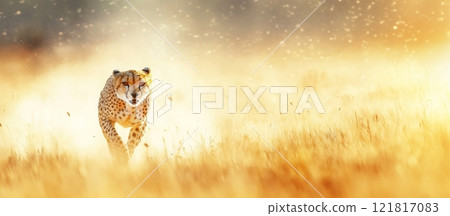 Cheetah runs swiftly through the dusty African savanna, showcasing its remarkable speed and agility in the wild 121817083