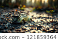 Vintage toy car on the ground in the autumn forest 121859364