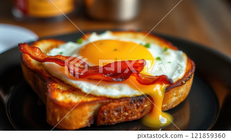 Breakfast with a fried egg and bacon on the plate 121859360