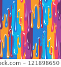 Vector seamless pattern with colorful paint drips flows down. Bright childish texture with dye drops in cartoon style. Festive 121898650