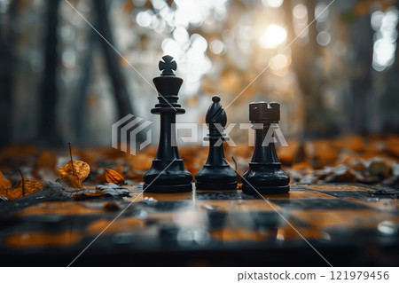 Three chess pieces in an autumn park among orange leaves 121979456