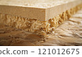 A cross-section of an MDF board shows a dense, uniform core and cleanly cut edges, highlighting high quality. 121012675