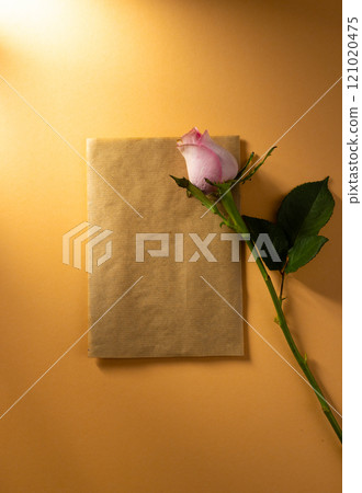 Vertical image of pink rose flower on brown paper and copy space on orange background 121020475