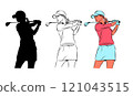 A female golfer in three different styles: silhouette, line art, and color. She is in a powerful swing position, showcasing her athleticism and determination. 121043515