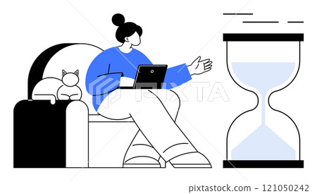 A person sits comfortably on a chair with a laptop, accompanied by a cat. A large hourglass is positioned nearby. Ideal for remote work, time management, productivity, work-home balance, and pet 121050242