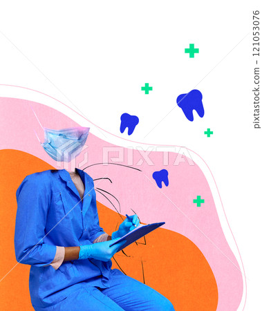 Dental professional in blue scrubs, sitting with clipboard, surrounded by abstract tooth and medical cross symbols. Prescribing meds. Contemporary art collage. 121053076