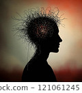 Silhouette of human head with chaotic lines and neural network concept 121061245