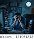 Stressed caucasian male adult working late in cluttered office 121061248