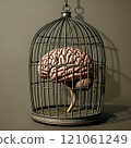 Brain confined in cage symbolizing restricted thinking and mental constraints 121061249