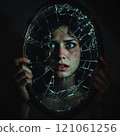 Frightened young caucasian female reflection in broken mirror 121061256