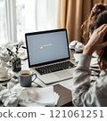 Frustrated young female with laptop error message in home office setting 121061251