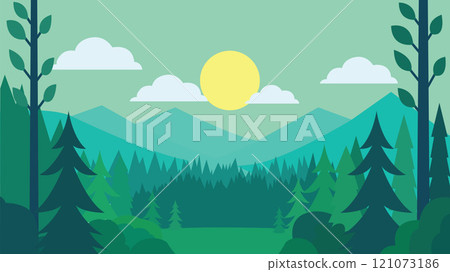 Flat Design Illustration of Green Pine Trees Mountain View in Jungle with Sun in the Sky 121073186