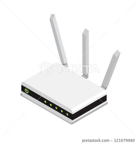 Isometric wireless WiFi router device. Transmission of communication signal in apartment and office network. 3D vectors isolated on white background top view at an angle 121079980