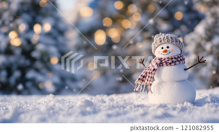 Winter holidays christmas background banner - close up of cute funny smiling snowman wearing woolen hat and scarf 121082955