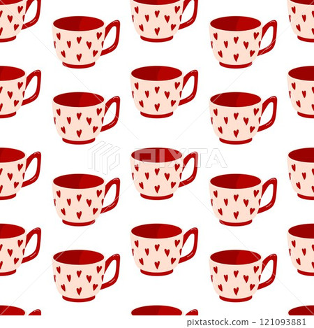 Seamless pattern with mug with heart in flat style for Valentine Day. Colorful cup on white background for coffee, tea, beverage. Design for web, textile, print, packaging. 121093881