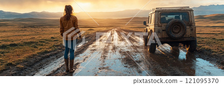 The woman, tired yet joyful, stands against her rugged 4x4 vehicle with gear strapped to the roof, banner 121095370