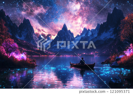 A man sails a simple wooden boat across a calm mountain lake at night, surrounded by tranquil waters reflecting the starry sky and serene landscape 121095371