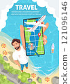 Happy man tourist advertising travel showing smartphone app 121096146