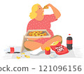 Chubby plump woman eating pizza suffering from eating disorder 121096156