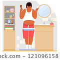 Upset fat man cartoon character standing on body scales 121096158