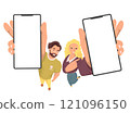 Couple looking and holding raised smartphone up 121096150