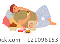 Lazy overweight man character eating junk fast food lying on pillows 121096153