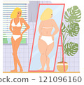 Young slim woman looking at mirror reflection worrying about body shape 121096160