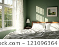 Bedroom with a green accent wall, white bedding, and natural wood furniture 121096364