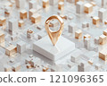 Metallic location pin on map with minimalist cube structures 121096365