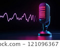 Professional microphone illuminated by neon lights with soundwave graphics in the background 121096367