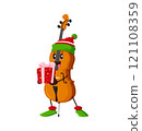 Cartoon cello or double bass character in festive hat holds decorated Christmas gift exudes winter holiday spirit. Isolated vector cheerful and charming musical instrument personage with a present box 121108359