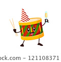 Cheerful cartoon drum character celebrating Christmas with a party hat and champagne glass, embodying festive winter holiday spirit. Isolated vector joyful percussion musical instrument personage 121108371