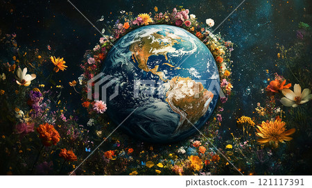 A colorful flowery planet with a blue sky. The flowers are scattered all over the planet, giving it a vibrant and lively appearance 121117391