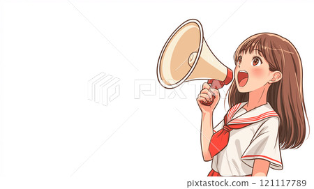 Illustration of a high school girl cheering with a megaphone (generated AI image) 121117789